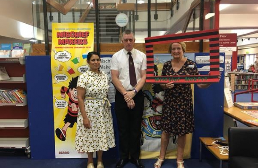 Priti Patel MP with Witham Town Councillors Jack Bayford and Angela Kilmartin