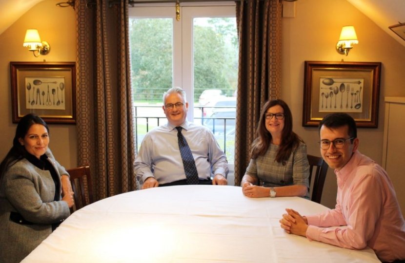 From left, Priti Patel with Victor Roome (landlord) Susie Poole (his partner) and Ross Playle during the MP’s visit to The Square & Compasses