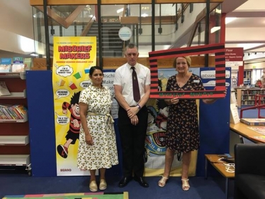 Priti Patel MP with Witham Town Councillors Jack Bayford and Angela Kilmartin